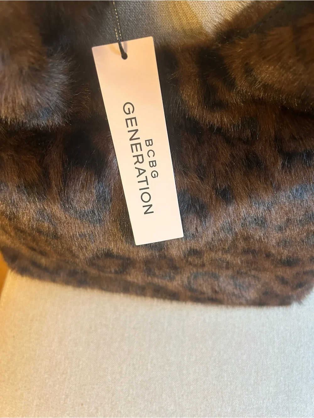 BCBGeneration Tik Tok Viral Leopard Faux-Fur Shoulder Bag with Black Handle(NWT)